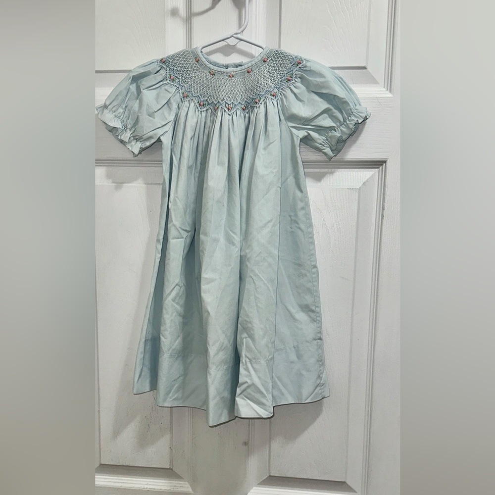Sweet Angela by Rosalina Light Blue Bishop Smocked Dress with Pink Flowers